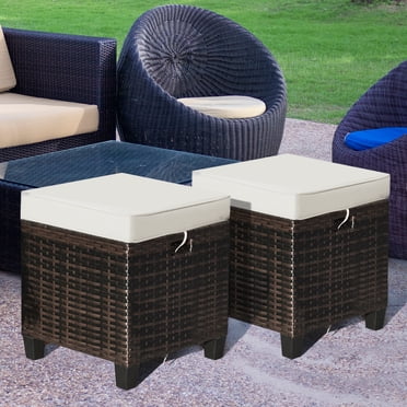 Costway Lot de 2 Poufs en Rotin pour Patio avec Coussin, Repose-Pieds, Table Basse