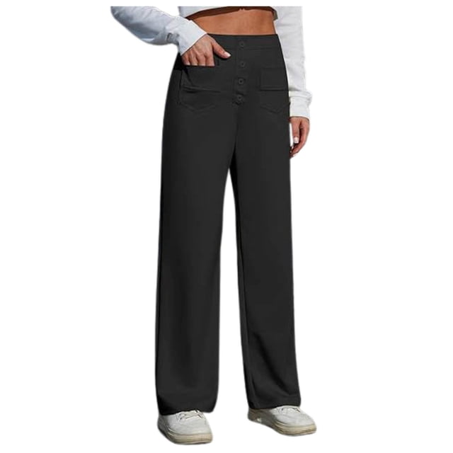 Women's Work Pants - High Elastic Waisted Trousers - Straight Wide Leg Button Down Casual Pants