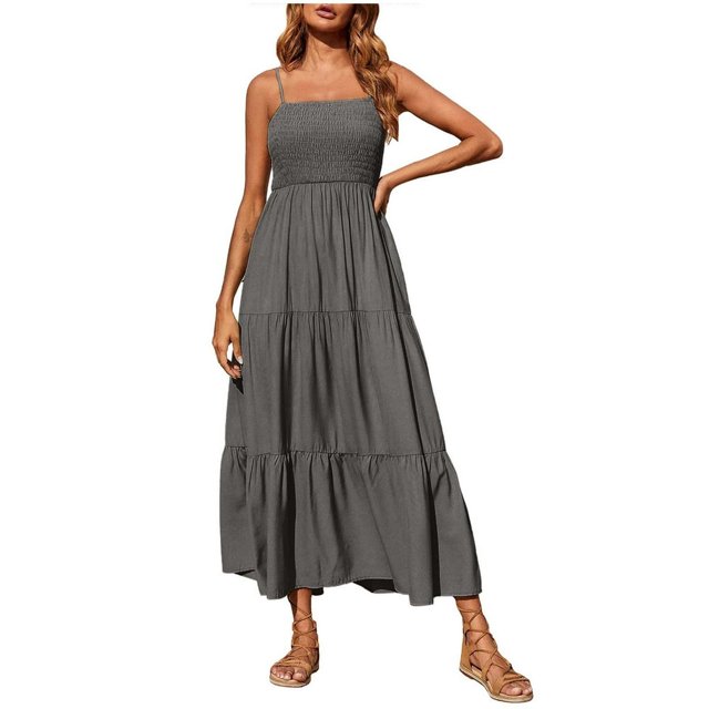 Robes d'Été pour Femmes Bohèmes à Bretelles Spaghetti, Smockées, à Étages, Longues, de Plage, Soleil, Sans Manches, Unies, Robe Maxi