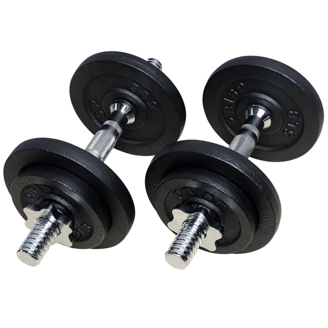 PRISP Adjustable Weight Dumbbells Set featuring two spinlock dumbbells with chrome-plated, knurled texture handles and black cast iron plates. Includes 2x 14-inch bars, 4x 5-pound plates, 4x 2.5-pound plates, and 4 threaded locking collars with rubber trim for secure placement. The total weight of the set is 40 pounds, with a maximum weight of 20 pounds per dumbbell. Ideal for home strength training and adjustable for progressive workouts.