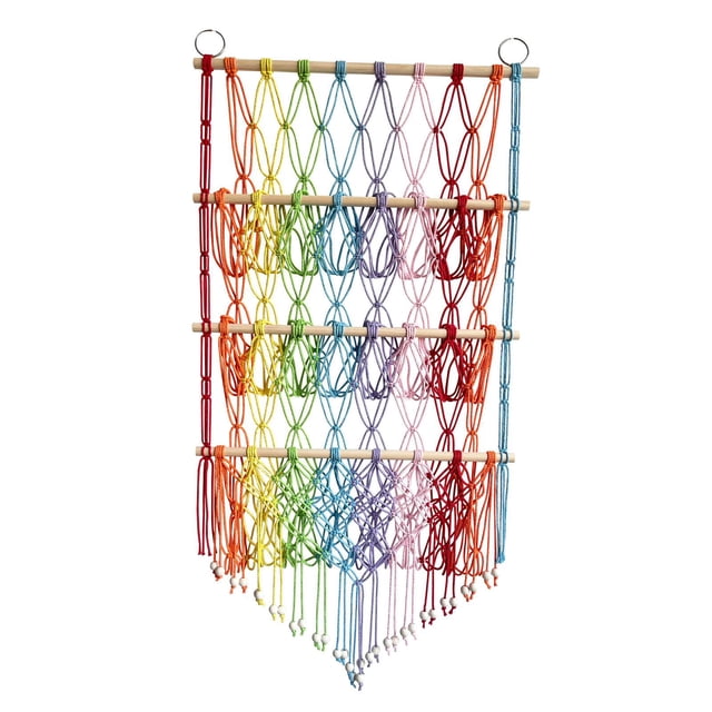 Luzkey Stuffed Animal Hammock Stuffed Toy Net Toy Storage Boho Macrame Three Layers Hanging Storage Net Organizer Holder for Bedroom Rainbow