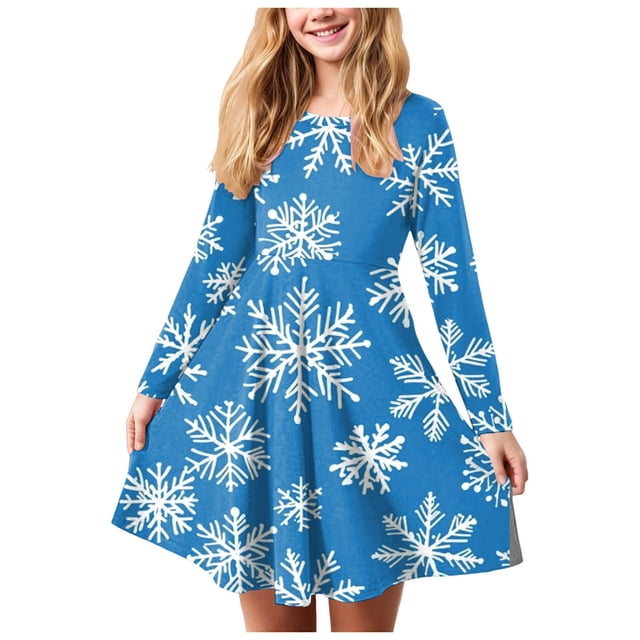 Zanarzt Robe de Noël pour Fille Robe de Noël pour Tout-Petit Fille Robe de Noël pour Fille Imprimé Bal Fête Fête de Noël Robes pour Fille Bleu, 17-18 Ans