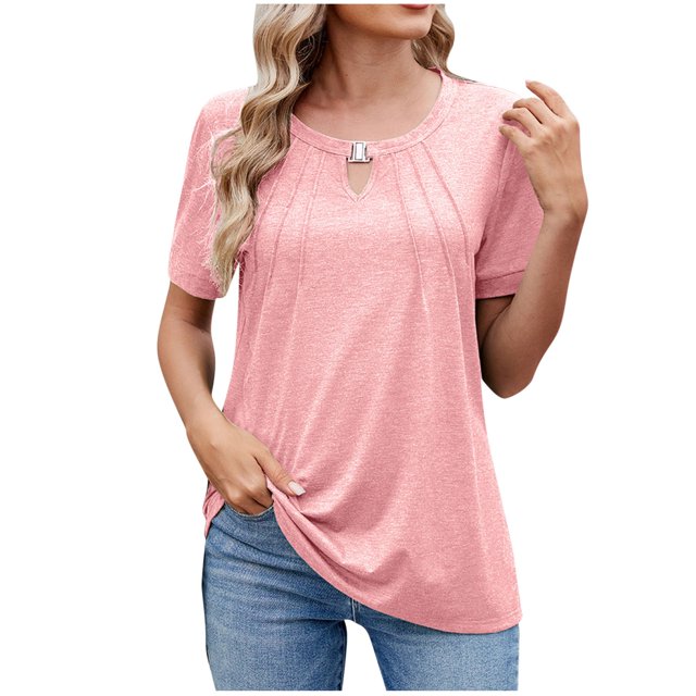 Timegard Womens Tops Front Keyhole Round Neck Short Sleeve T Shirts Solid Color Casual Tunic Blouses