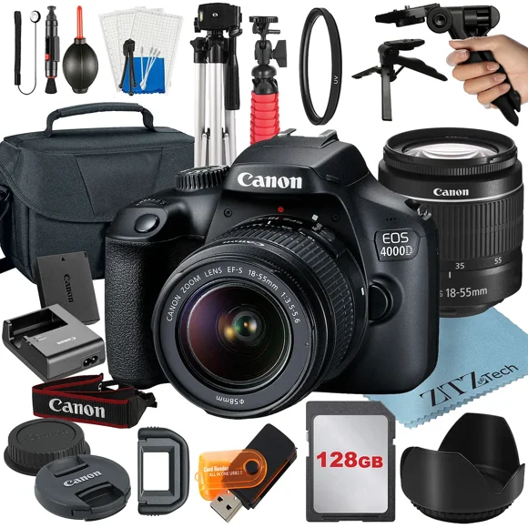 Canon EOS Rebel T100 / 4000D DSLR Camera Bundle with 18-55mm Zoom Lens + 128GB Card + Case + Tripod + ZeeTech Accessory