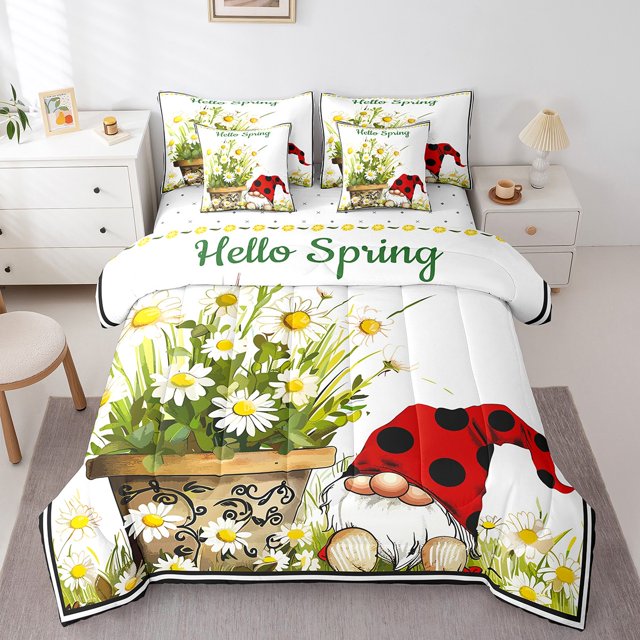 YST Ladybug Gnome Comforter Set Queen 7 Piece,Spring Daisy Flower Bed In A Bag With Fitted Sheet,Flat Sheet For Kids,Cute Ladybird Dwarf Bedding Set With Pillow Cases And Covers