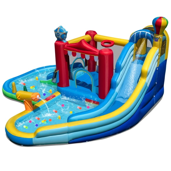 Gymax Inflatable Water Park w/Splash Pool Water Cannon Basketball Rim Climbing Wall