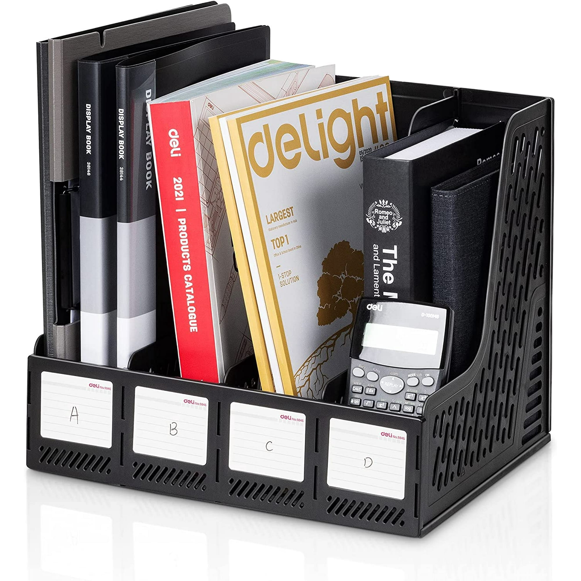 Deli Magazine File Book Holder, Sturdy Desktop Organizer, File Sorter Desktop File Folder Organizer Rack for Envelopes Mail Letter Paper Notebook, 4 Compartments, Plastics, Black