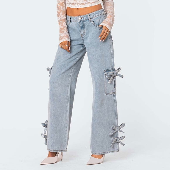 Yourumao Wide Leg Jeans for Women Wash Mid Rise Denim Pants Bow-Tie Straight Leg Jeans Loose Jean Trousers with Pocket