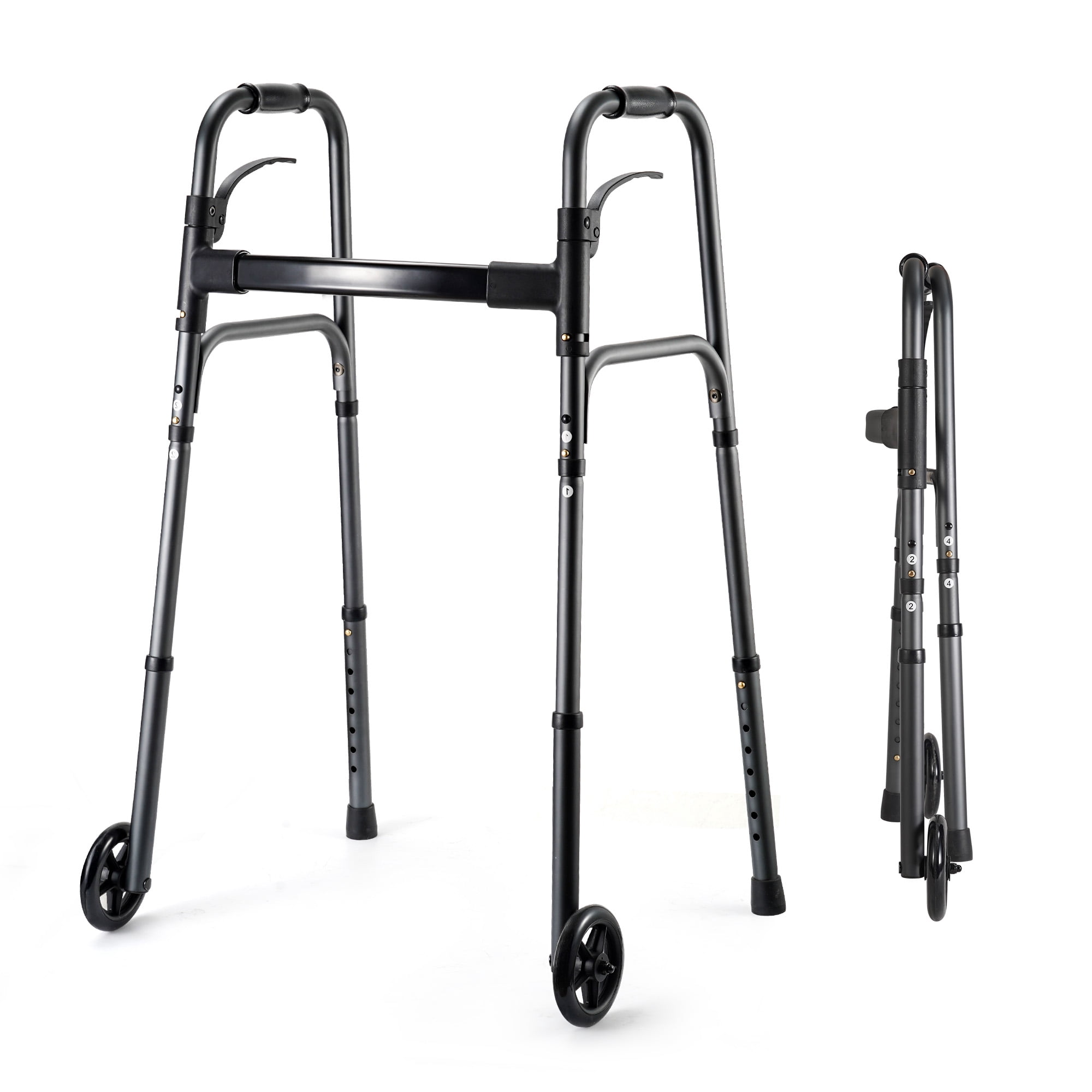 Naipo 8-Level Adjustable Height 30.4"-37.4" Folding Gunmetal Gray Standard Walker for Seniors Lightweight Aluminium Mobility Aid with Wheels 300lbs