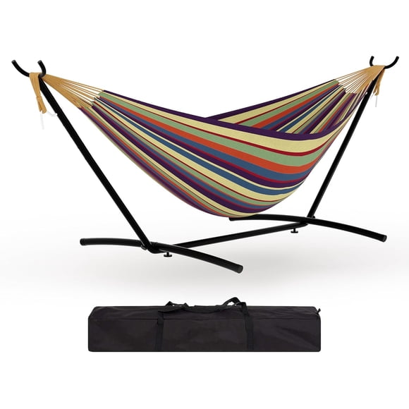 2 Person Hammock with Heavy Duty Steel Stand and Hardwood Spreader Bar, 450lbs Capacity & Quick-Fold Carry Bag, Portable Outdoor Lounger for Garden, Camping & Beach