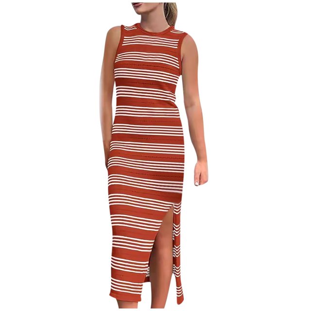 Pisexur Robes pour Femmes Mode Tricot Coton Lin Robes Respirantes Sans Manches Col Rond Robe Maxi Vintage à Rayures Fendue Robes Débardeur Été Décontracté Ajusté Élégant Robe Longue