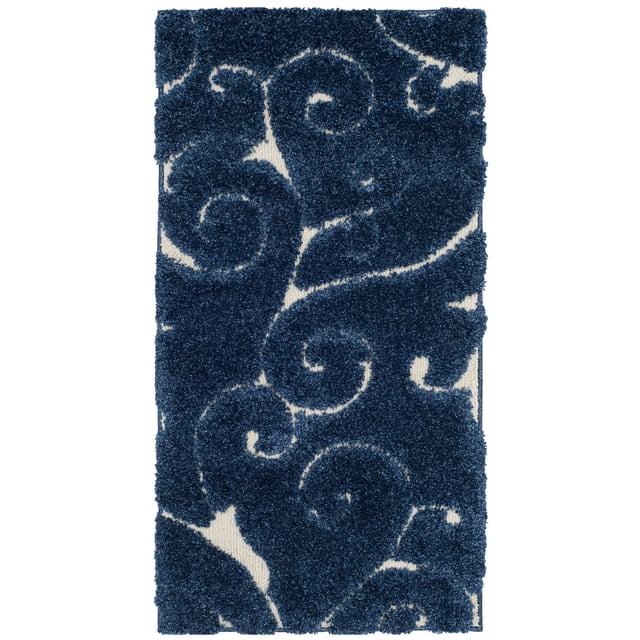 SAFAVIEH Florida Tapis Shag à Motif de Vignes Florales Douglas avec Gros Plan de Peluche Bleu Profond Tourbillonnant, Motifs de Vignes Florales en Poil Haut-Bas sur Fond crème, Fabriqué à Partir de Fils Synthétiques Tissés Mécaniquement Durables, Idéal pour l'Utilisation comme Tapis d'Accent.