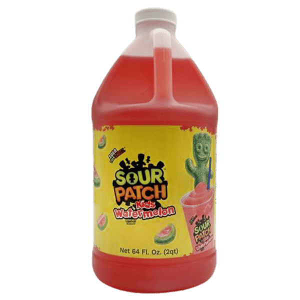 Sour Patch Kids Watermelon Slushy Syrup, 1.89 L bottle, featuring a vibrant pink liquid and a yellow label with Sour Patch Kids branding. This 5:1 ultra-concentrate is optimized for slushy machines, delivering the iconic sour-then-sweet flavor. The shatterproof bottle is ideal for high-traffic venues like snack bars and amusement parks.