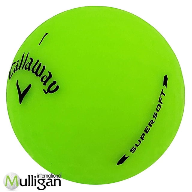 Mulligan - 48 Callaway Supersoft 5A Recycled Used Golf Balls, Green, close-up of a bright green Callaway Supersoft matte golf ball with black logo and text on a white background, eco-friendly recycled golf ball ideal for players of all skill levels and often used for practice rounds.