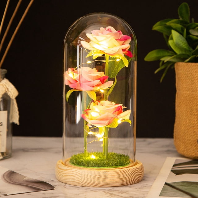 TopLLC Cadeau de la Saint-Valentin Veilleuse Led 3 Roses Abat-Jour en Verre Ornements