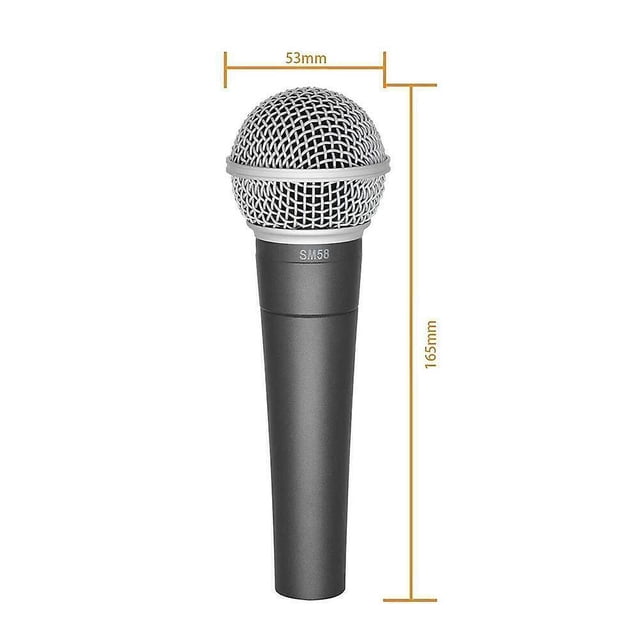 Shure SM58 Dynamic Vocal Microphone, wired, with switch and cable, 2024. The microphone features a durable black body with a silver mesh grille, measuring 165mm in length and 53mm in diameter. Designed for vocal performances and professional audio applications.