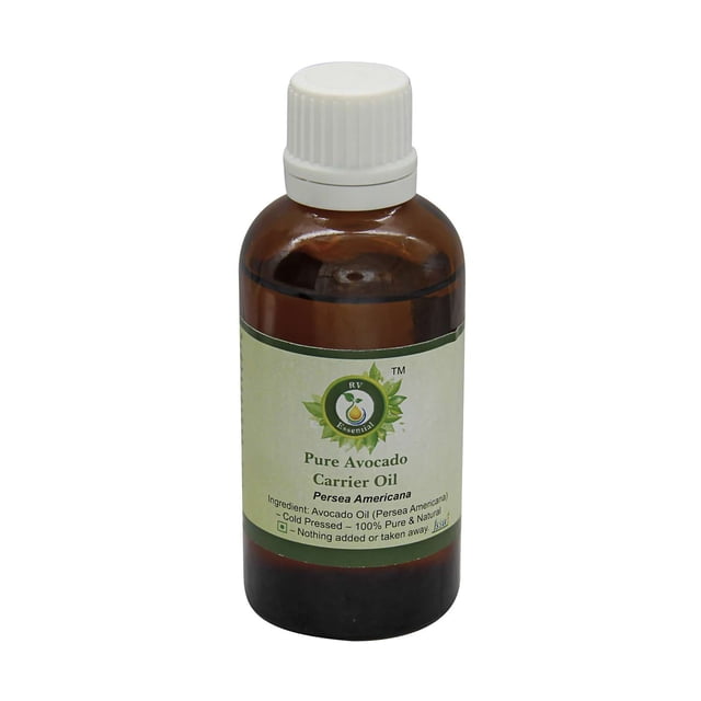 R V Essential Pure Avocado Carrier Oil, Persea Americana, 100% pure and natural cold-pressed avocado oil in a 50ml amber glass bottle with a white cap. Suitable for hair, face, skin, body, and cooking.