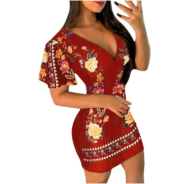 Pompotops Mode Femmes Décontracté Moulant Fleurs Imprimé Aguichant Décolleté en V Profond Manches Courtes Longue Robe