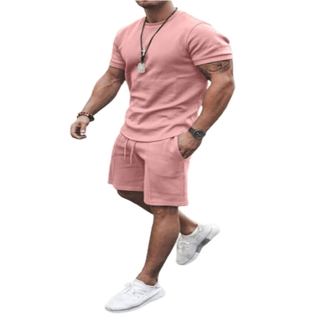 MesaSe 2 Pieces Suit Set Men Neck Short Sleeve T-Shirt+ Shorts with Pocket