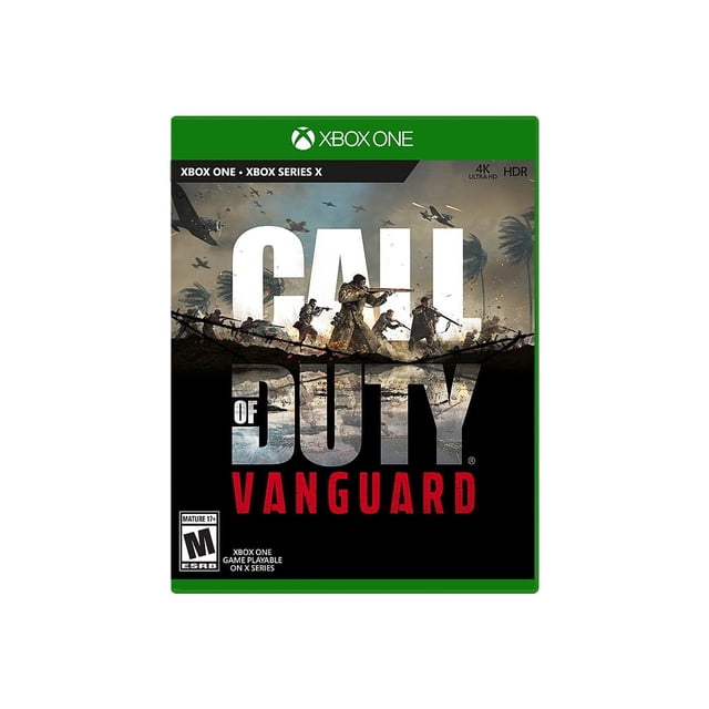 Call of Duty : Vanguard Jeu Vidéo pour Microsoft Xbox One et Xbox Series X. l'Art de Couverture Représente des combat de la Seconde Guerre Mondiale avec des Soldats Avançant à Travers des Fil Barbelé, des Avions Volant au-Dessus, et des explosions en Arrière-Plan. les Fonctionnalités Incluent des Cartes Multijoueur, une Campagne Captivante et un mode Zombies. la Marque Xbox Verte Est visible en Haut.