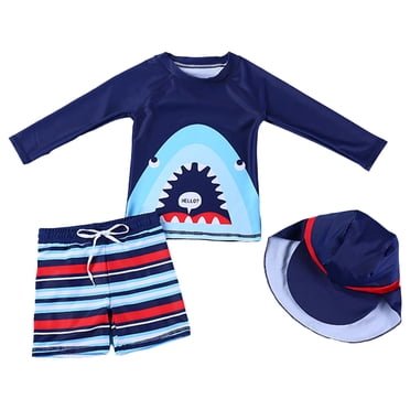 MEZZALL 3 Pcs Maillot de Bain pour Tout-Petits Garçons Bébé Manches Longues Manches Courtes Dessin Animé Mignon Tout-Petits Enfants Étudiant Maillot de Bain Doux Tenue de Plage, Bleu Foncé, 5-6 Ans