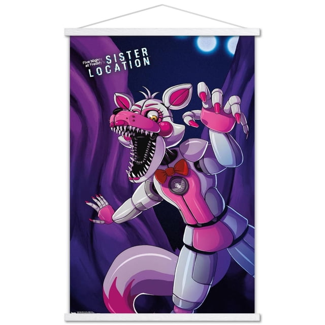 Five Nights at Freddy's : Sister Location - Funtime Foxy Affiche Murale, 14,725 Pouces x 22,375 Pouces Encadrée, Représentant un Renard Animatronique Orienté vers l'Avant avec un Corps Segmenté Blanc et Rose, des Dents Tranchantes, un Nœud Papillon Rouge et des Mains Griffées sur un Fond de Grotte Violet Foncé avec des Orbes Lumineux, Idéal pour la Décoration Murale de Chambre Ou de Bureau.
