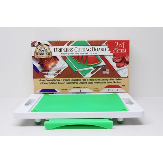 Karving King Planche à Découper Sans Coulure 2 en 1 avec Grand Cadre Blanc et insert de Planche à Découper Vert Amovible Mesurant 20,25 par 13,25 Pouces, Dotée de Poignées à Prise Facile, de Pieds Antidérapants et d'Un Tiroir d'Égouttement pour Ramasser les Jus, Montrée avec Son Emballage Mettant en Valeur des Pointes de Préhension, Va au Lave-Vaisselle et Matériaux Sans BPA.