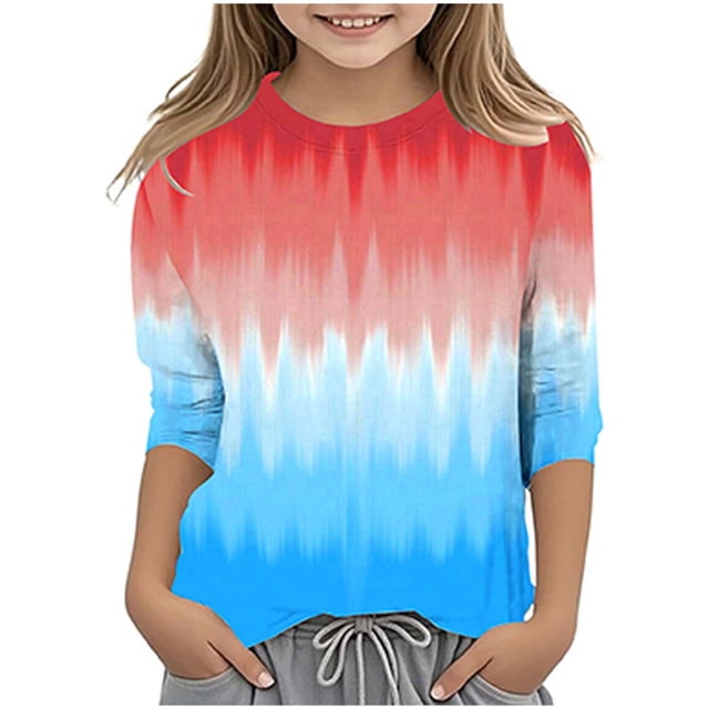 Splozh Longues Chandails à Manches pour Filles, Col Rond Décontracté, T-Shirt à Manches Trois Quarts, Haut Basique Régulier à Manches 3/4, Bleu Ciel, 12-13 Ans