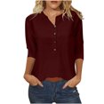 thumbnail image 1 of Polyester Cotton Tops Woman 3/4 Length Sleeve Henley Tee Shirts Button Loose Casual Summer Spring Clothes (X-Large, Wine), 1 of 3