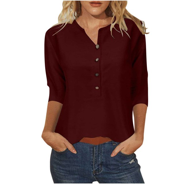Polyester Cotton Tops Woman 3/4 Length Sleeve Henley Tee Shirts Button Loose Casual Summer Spring Clothes (X-Large, Wine)