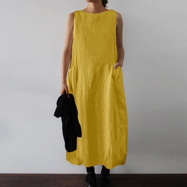 Liquidation et Promo, Robe Débardeur Sans Manches pour Femme Printemps/été Unie avec Poches, Col Rond, Plissée, en Coton et Lin, pour Tenue Décontractée, Silhouette Stylée/60 % Coton, 40 % Lin, Jaune, Sopatenor