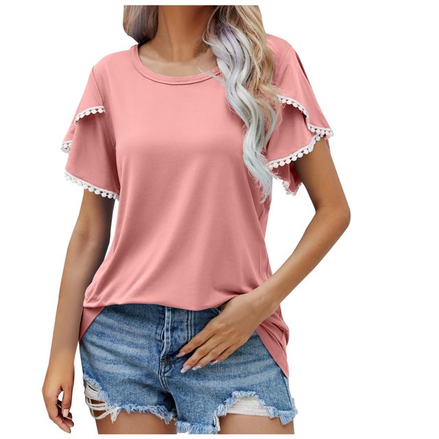 Timegard Hauts pour Femmes Été Col Rond Manches Courtes Pétale Blouses Confortables Chic Décontracté Tuniques