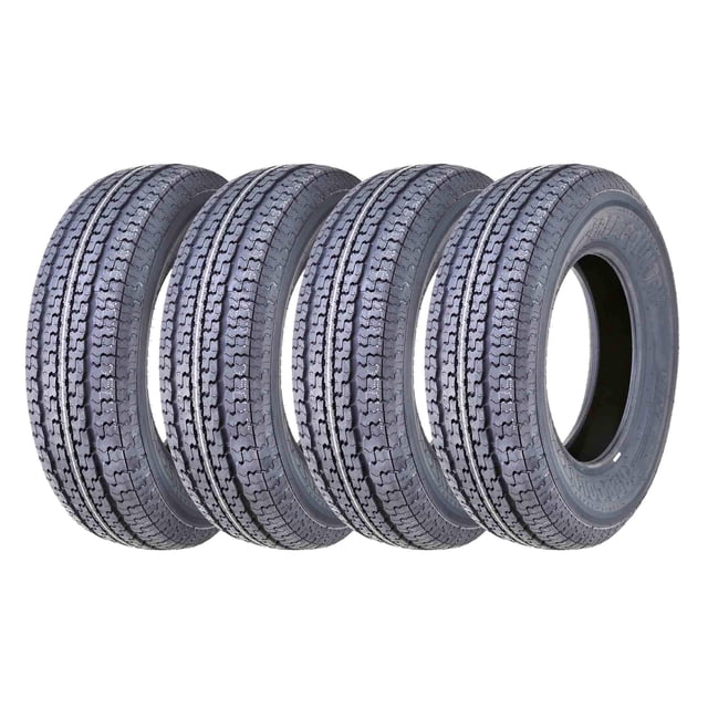 Set of 4 FREE COUNTRY Premium Trailer Tires ST205/75R15 8PR Load Range D with a featured side scuff guard. These radial tires include a nylon cap ply overlaying the entire tread area for enhanced safety and durability. Designed for trailer use only, they are 8-ply rated with a load range D and a speed rating of M (up to 81 mph). The scuff guard ring on the tire wall provides added side protection. Rims are not included.