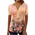 thumbnail image 2 of EGNMCR T-Shirts pour Femmes Femmes Mode Été Pli Imprimé Régulier Femmes Manches Courtes Col en V Bouton Haut, 2 of 5