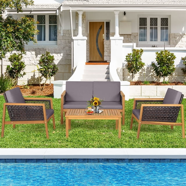 Gymax 4PCS Patio Acacia Wood Furniture Set PE Rattan Conversation Set w/ Grey Cushions