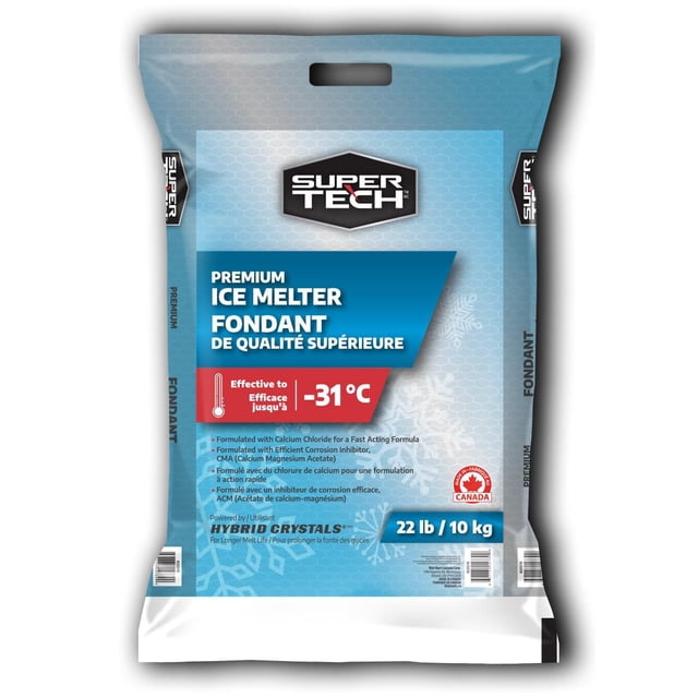 SuperTech Premium Ice Melter bag in blue and white packaging, 22 lb (10 kg), effective to -31°C, formulated with calcium chloride for fast ice melting and CMA corrosion inhibitor, ideal for outdoor snow and ice removal in Canadian winters.