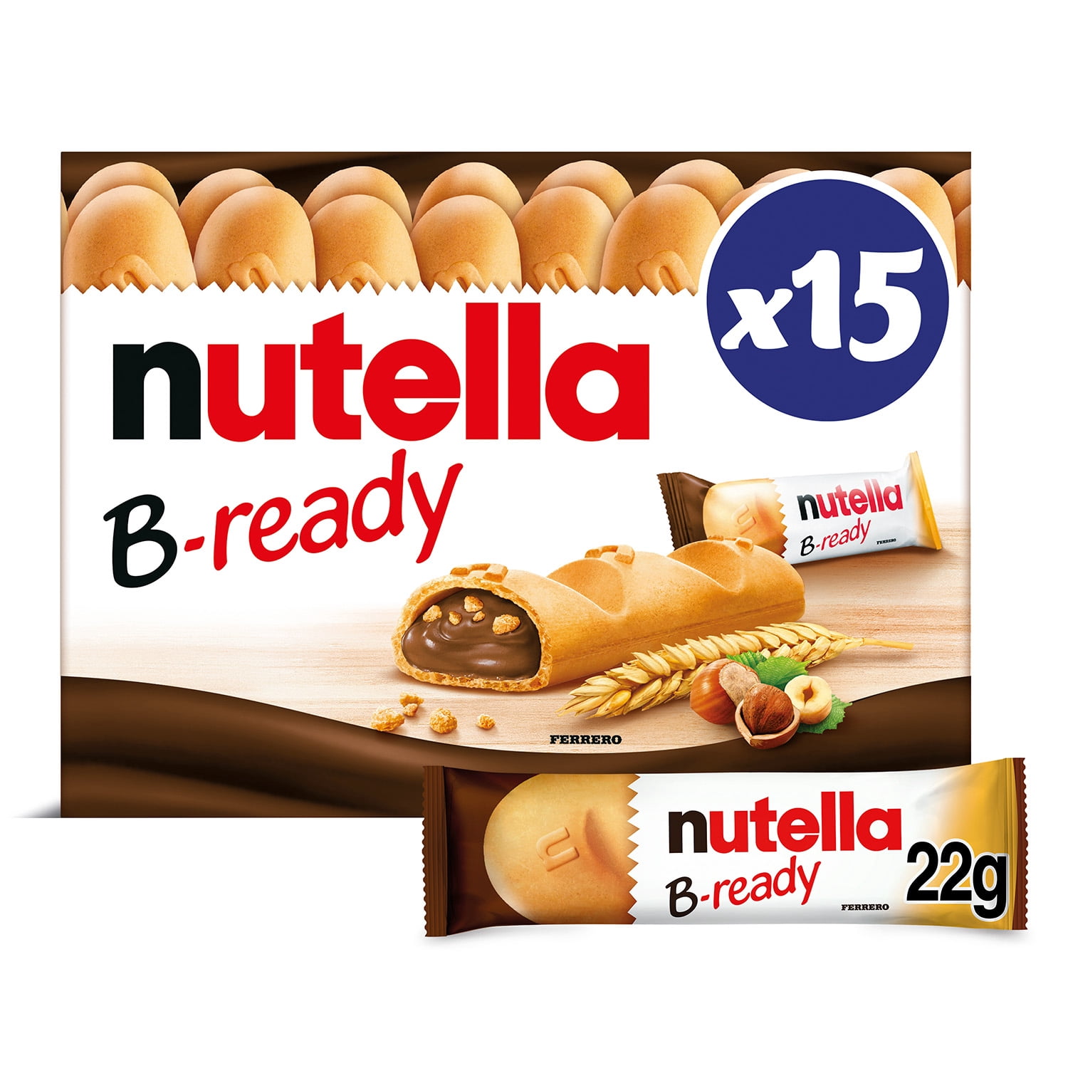 NUTELLA B-READY, Barres de Collation, Gaufre croustillante fourrée de délicieux NUTELLA, 15x22g