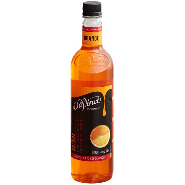 DaVinci Gourmet 750 mL Classic Orange Flavoring / Fruit Syrup in a clear plastic bottle with a black label featuring an orange slice graphic. The bottle has a black cap and orange accents, highlighting its vibrant citrus flavor. Perfect for enhancing beverages, desserts, and mixed drinks, and suitable for pantry storage.