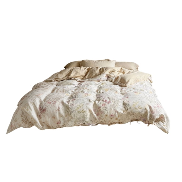 Cotton Gauze Duvet Cover Set Full Queen King Size - Double Layer Crinkled Muslin Bedding Set with Vintage Floral Print, Breathable Lightweight Comforter Cover with Button Closure