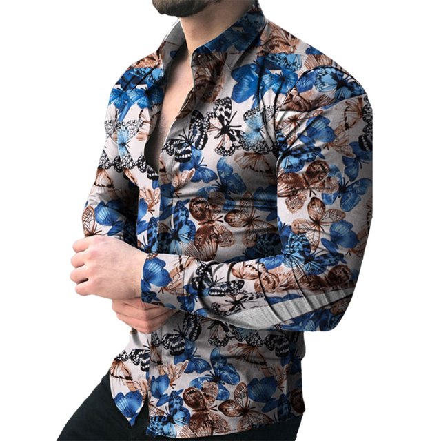 Innerwin Blouse Lapel Neck Mens Tops Work Long Sleeve Single Breasted Shirts White Butterfly XL