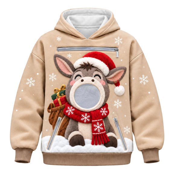 Winter Hoodies Christmas Children's Pet Pocket Hooded Sweater Leisure Holiday Party Home Outdoor Loose Hooded Top(Khaki-150)#2642