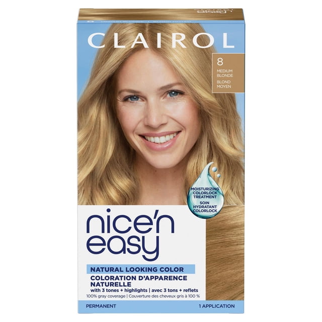 Clairol Nice'n Easy Permanent Hair Dye long-lasting permanent hair creme with a 3-tone blend and highlights, non-drip formula for natural-looking colour and 100% gray coverage up to 8 weeks; includes activating lotion, ColorSeal conditioner and gloves; often used for quick root touch-ups between appointments.
