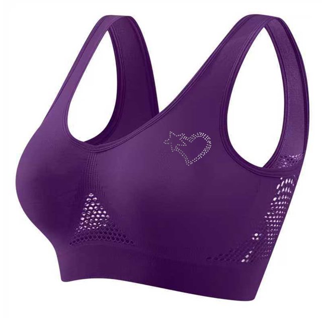 Women's Rhinestone Sports Bra - Hollow Back Design w/ Wide Strap Support | Anti-Sagging Wireless Bra for Workouts & Mature Figures
