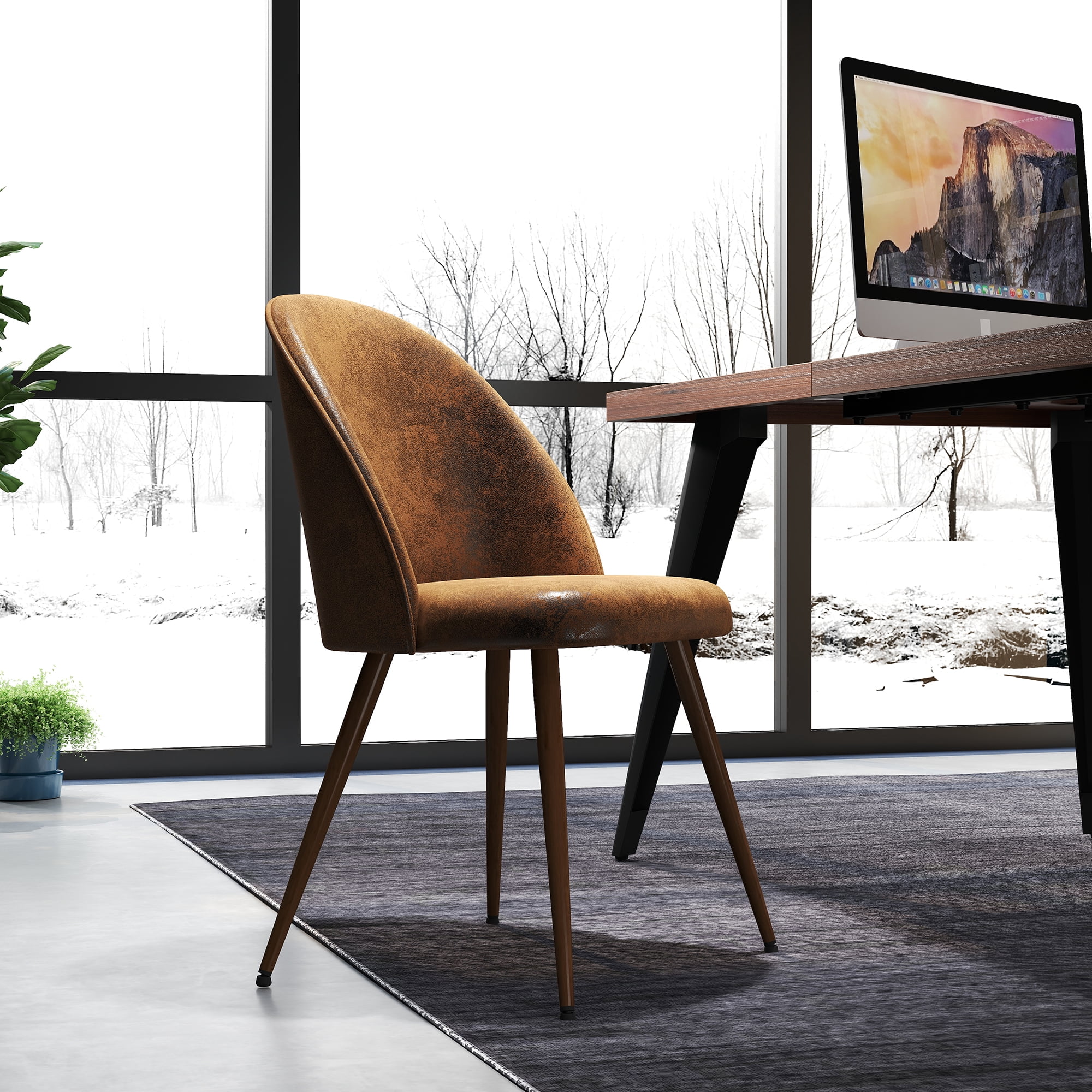 Ensemble de 2 chaises de bureau modernes Homy Casa, dossier incurvé rembourré en imitation daim brun