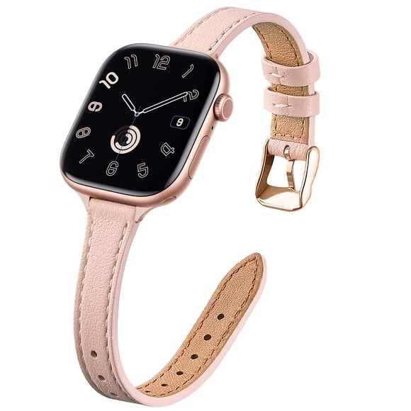STIROLL Slim Leather Bands Compatible with Apple Watch Band 49mm 46mm 45mm 44mm 42mm(Series 3 2 1), Top Grain Leather Watch Thin Wristband for iWatch Ultra SE Series 10/9/8/7/6/5/4, Pale pink RoseGold