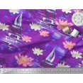 thumbnail image 3 of Soimoi Purple Cotton Poplin Fabric Yacht & Lotus Flower Print Fabric by The Yard 56 Inch Wide, 3 of 3