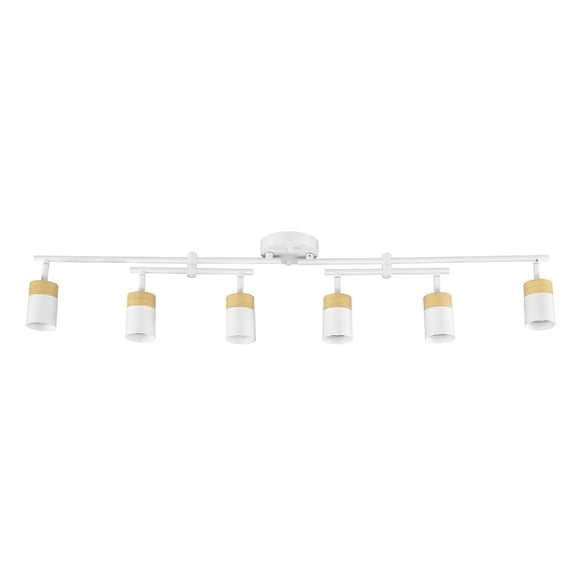 Rail d’éclairage blanc mat à 6 ampoules avec accents de similibois, barre double à pivot central et abat-jours pivotants