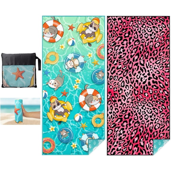 Lalumix 2 Serviettes de Plage Légères en Microfibre Surdimensionnées 71"x32 Pouces TG Extra Larges Fines Sans Sable pour Voyage Piscine Yoga Gym Camping pour Femmes Hommes, Accessoires Cadeau de Vacances, Léopard & Chats