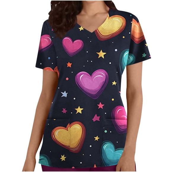 Amzcrzy Plus Size Scrub Tops Women Fashion Graphic Print Valentines Day Nursing Scrub Top Casual Oversized Short Sleeve V Neck Women Scrubs with Pockets