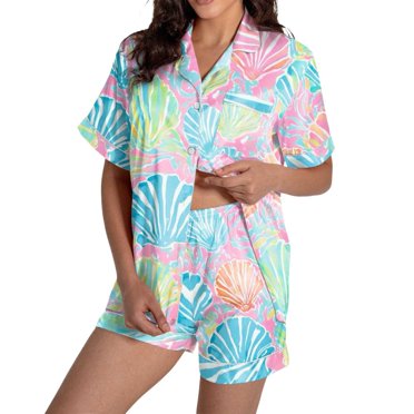 TIWEKE Casual Women's Pajama Set Stylish Print Short Sleeve Button Down Top and Shorts Sleepwear Outfit for Comfort and Relaxation,Sizes 2XL